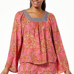 One World Square Neck Medallion Printed Top Size Large NWT